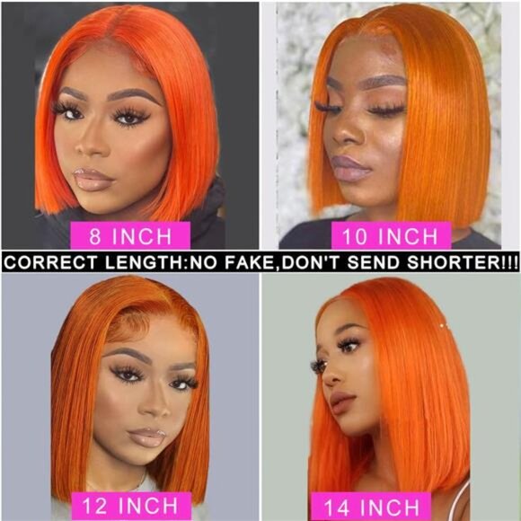13X4 Colored # 350 Ginger Orange Glueless Bob Wig Human Hair HD Transparent main image 7